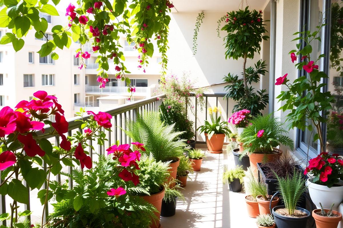 Balcony filled with a mix of flowering and leafy plants in pots