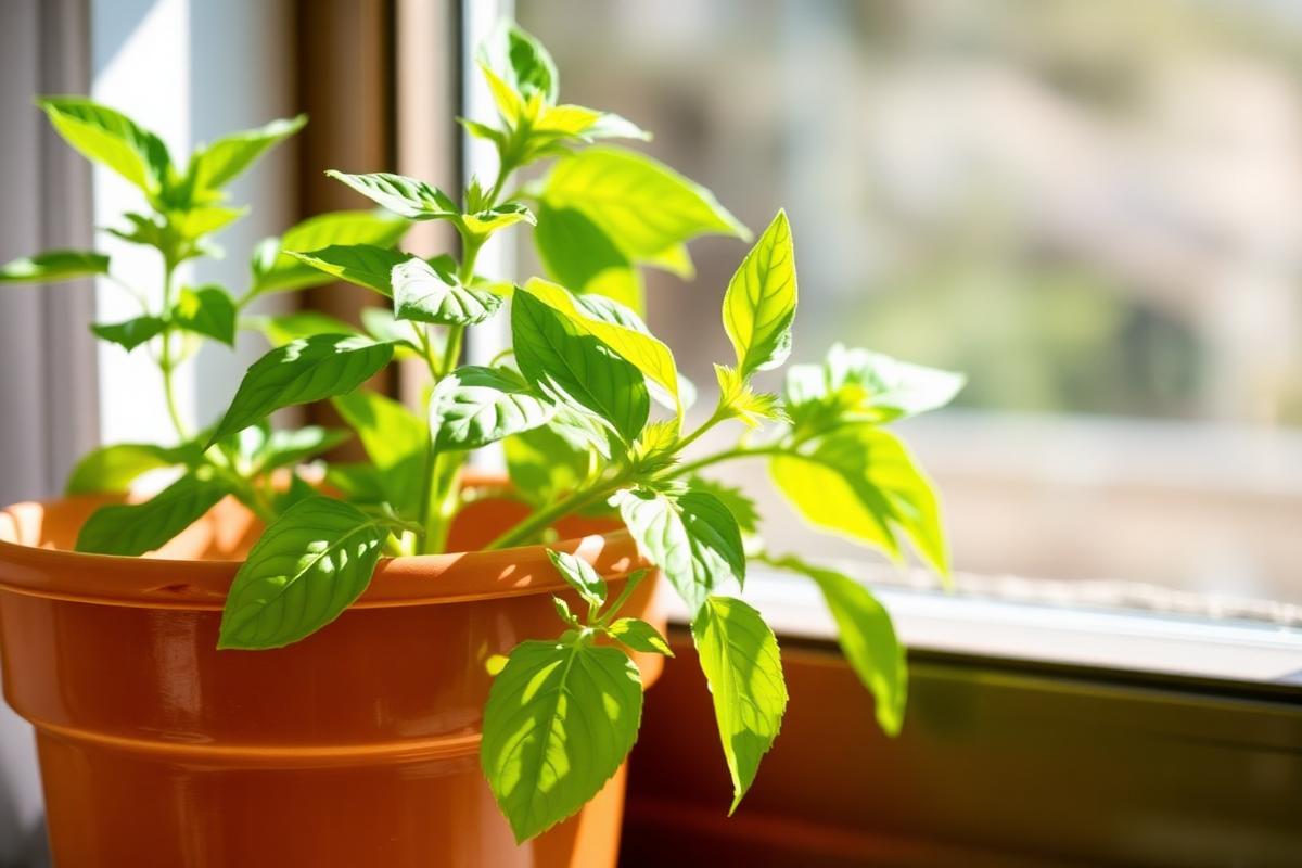 Healthy basil plant in a terracotta pot on a sunny windowsill