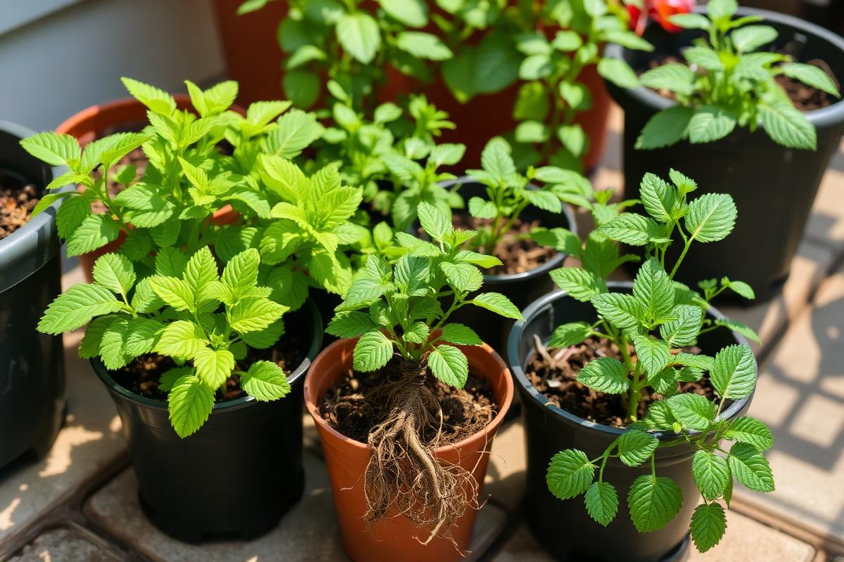 Root-bound plant in a too-small pot beside healthy container plants