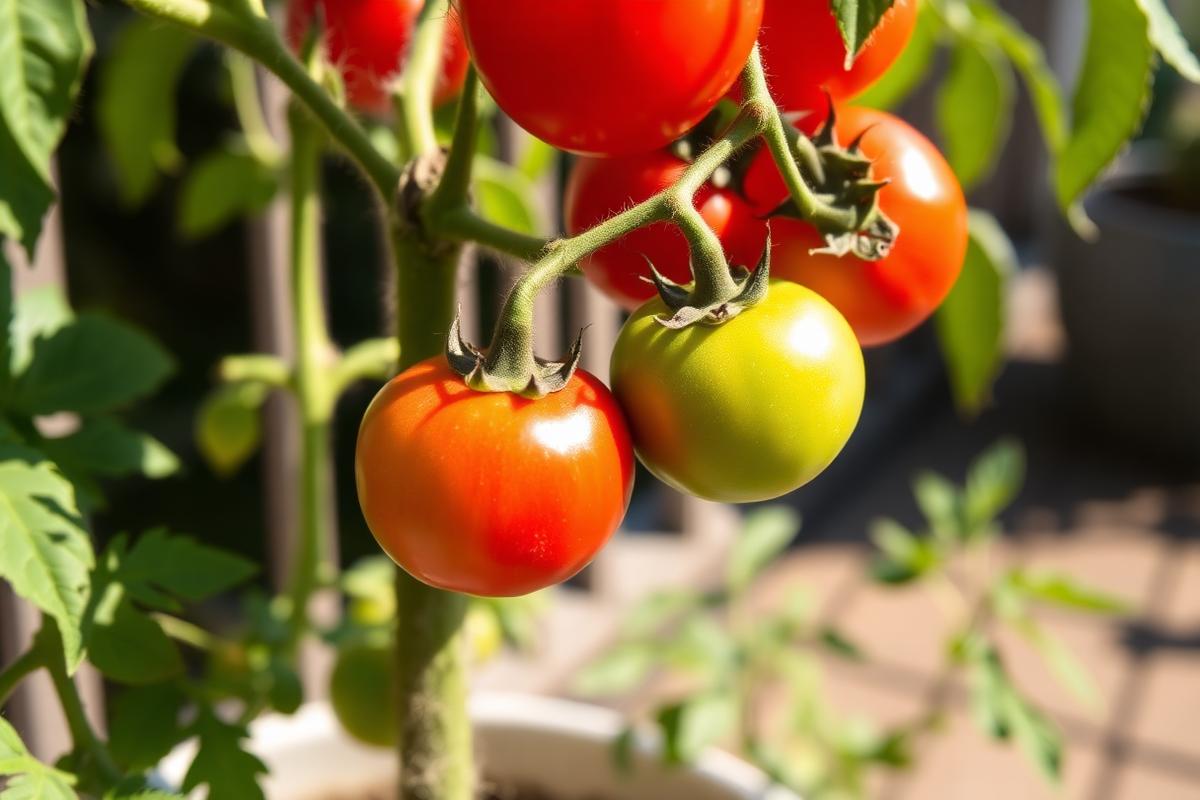 Close-up of ripening tomatoes on a staked container plant