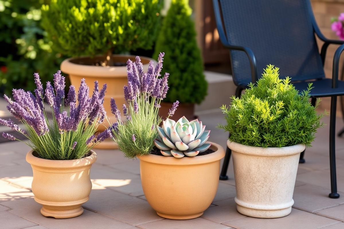 Lavender, succulents and clipped shrubs in low-maintenance patio pots