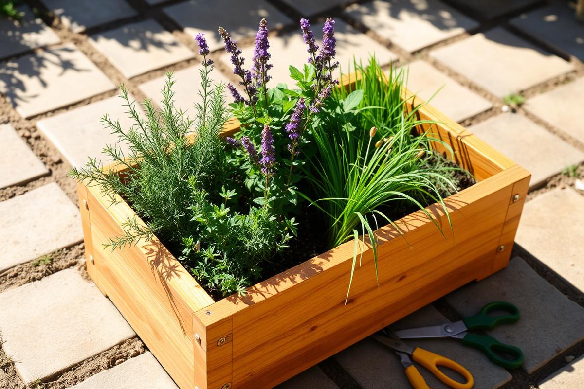 Wooden patio planter box of rosemary, thyme and chives with garden scissors
