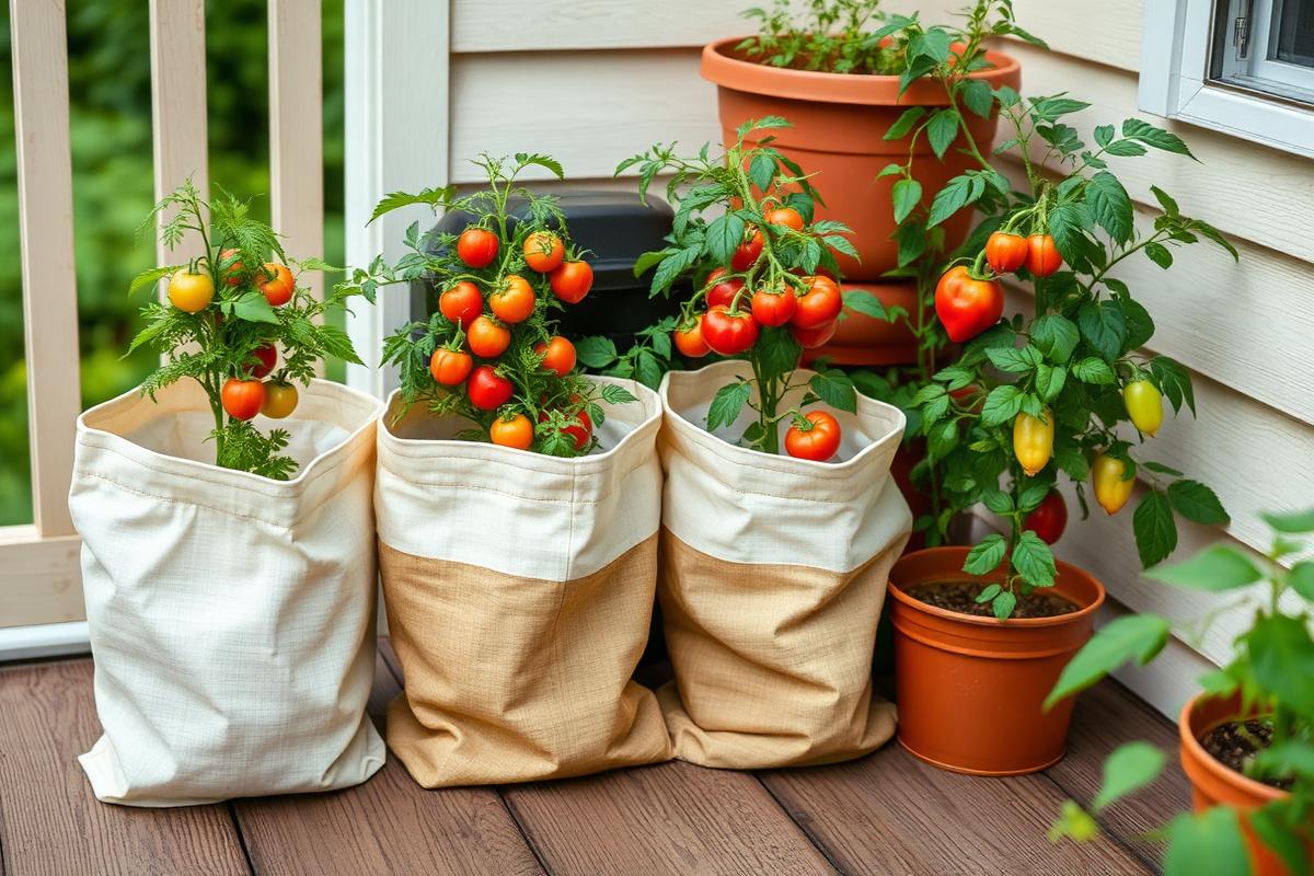 Three fabric grow bags with tomato and pepper plants on a wooden deck
