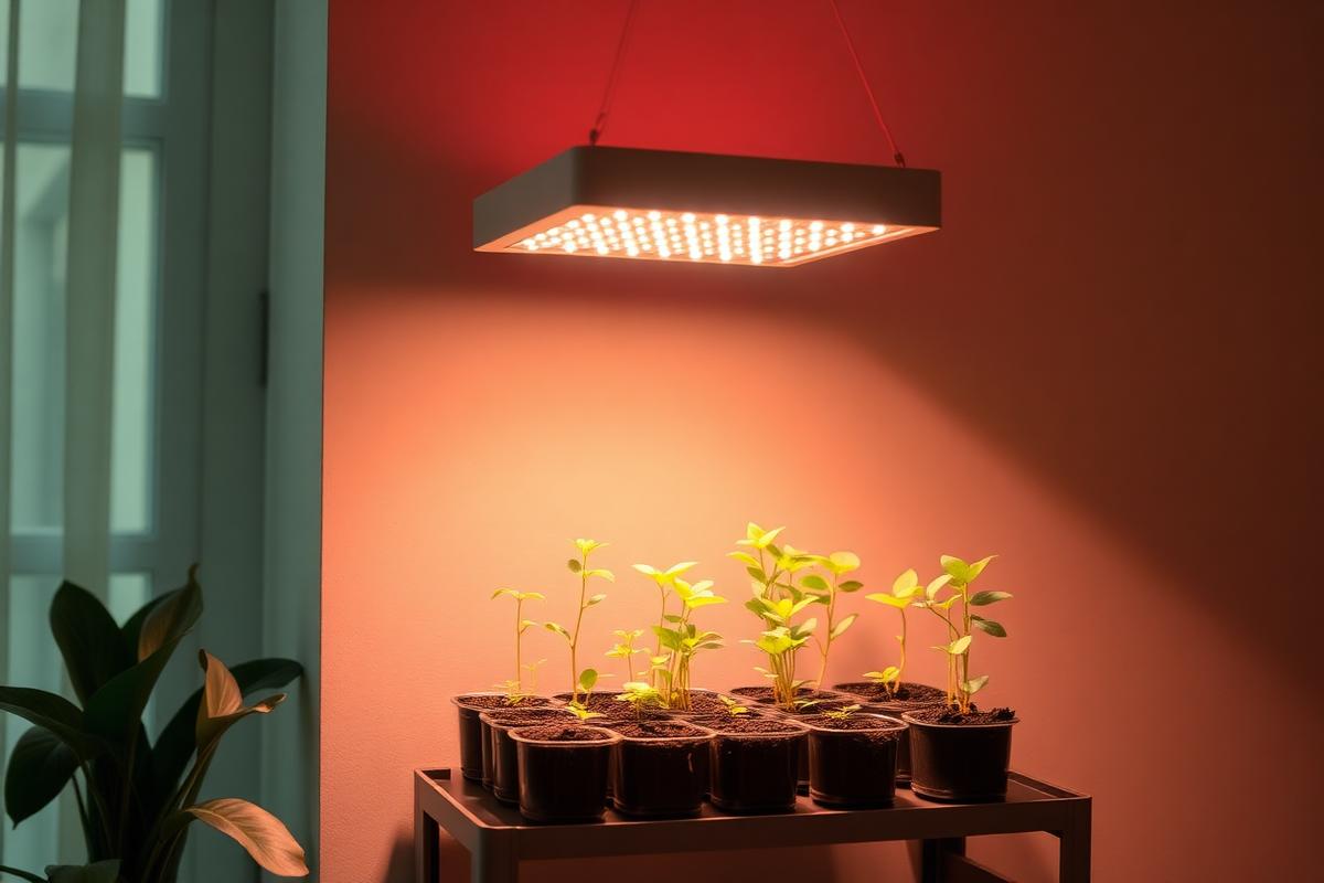 LED grow light panel over seedlings on a shelf in a small apartment