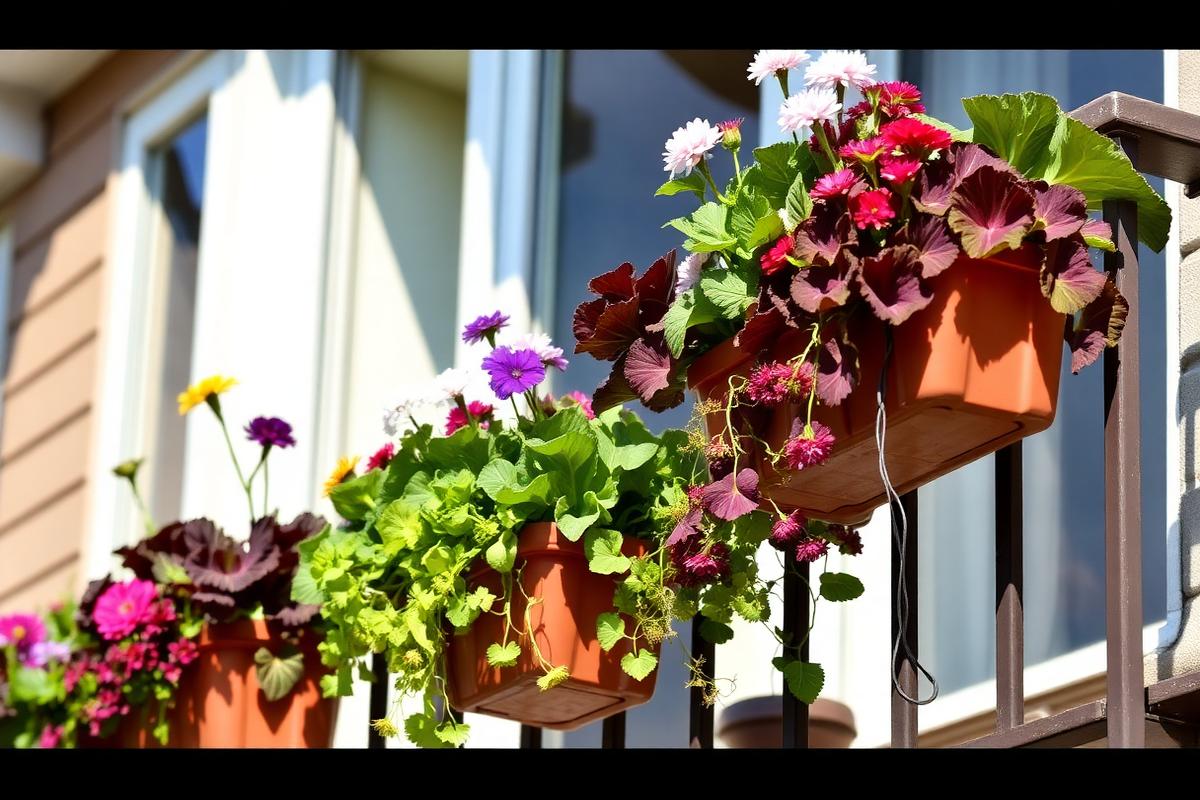 Flowering railing planters hooked over a balcony rail in bright sun