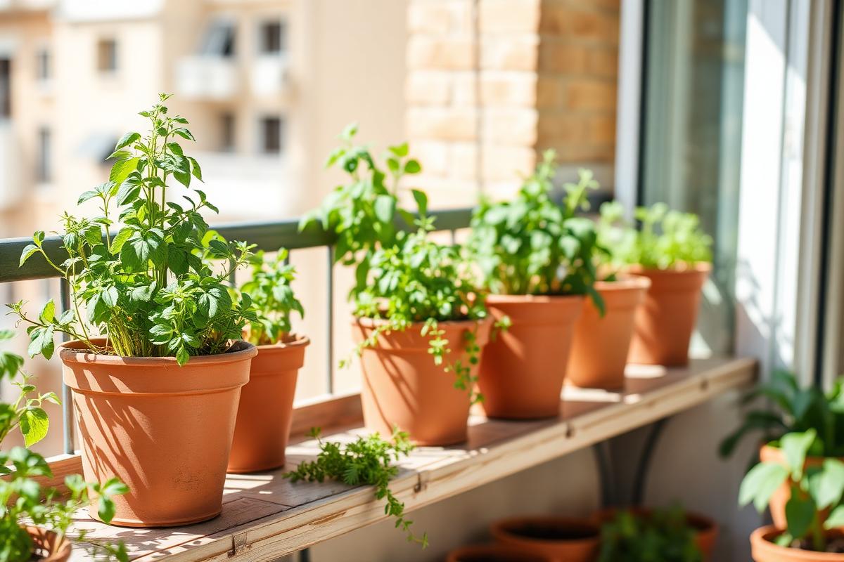 Row of self-watering terracotta-style planters with herbs on a sunny balcony