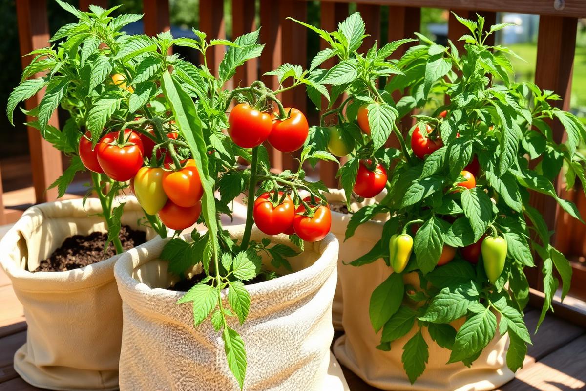 Tomatoes and peppers growing in fabric grow bags on a deck