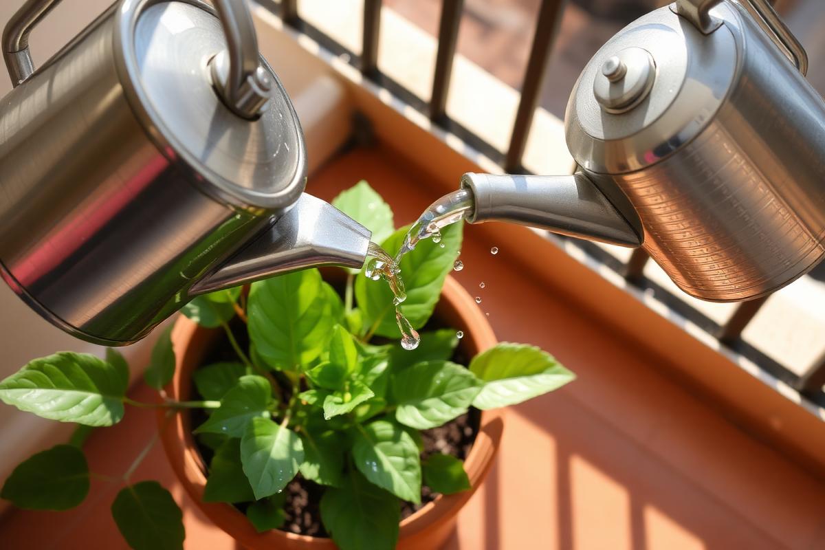 Watering can pouring into a container plant on a patio